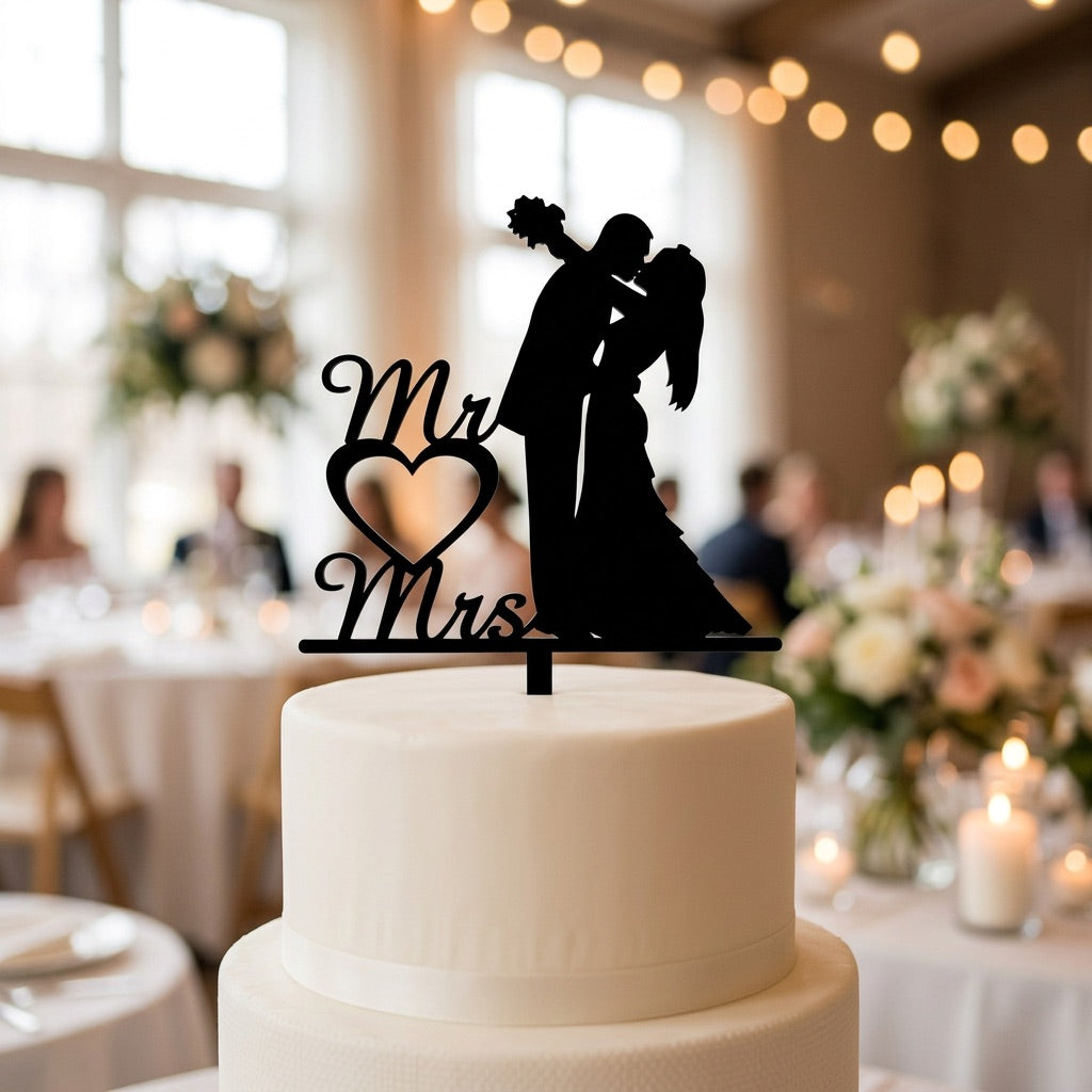 Wedding cake with 'Mr and Mrs' topper in a decorated room.