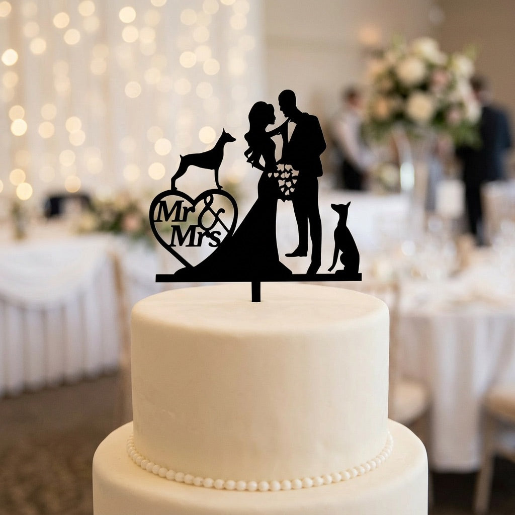 Wedding cake with 'Mr & Mrs' cake topper featuring silhouettes of a couple and two dogs.