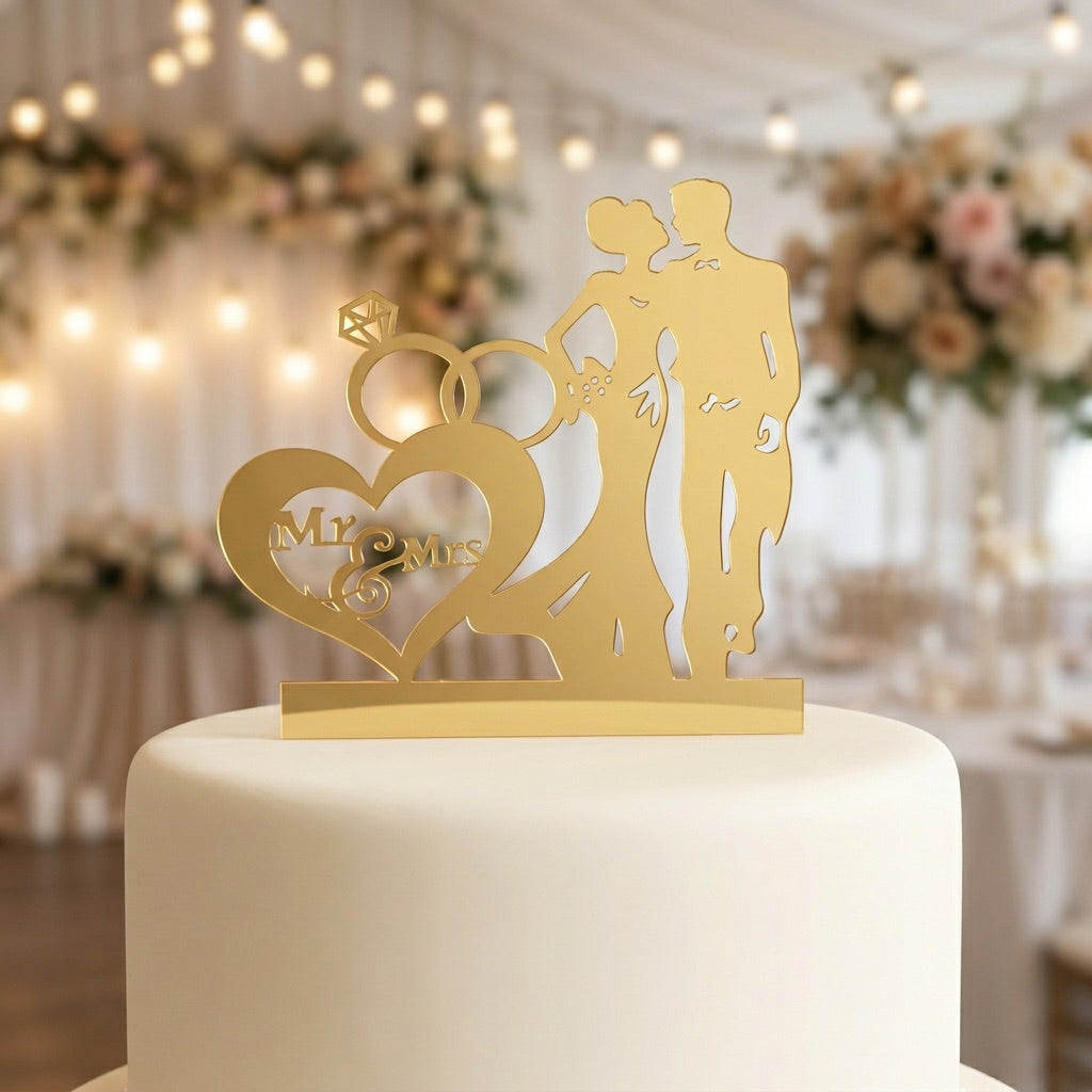 Gold cake topper with 'Mr & Mrs' on a white cake in a wedding setting