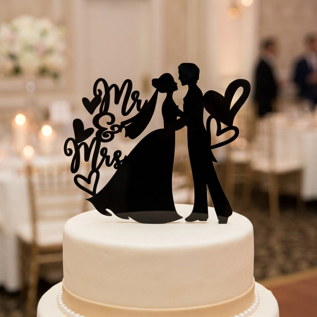 Wedding cake with 'Mr & Mrs' topper in a celebratory setting