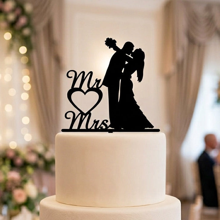 White wedding cake with 'Mr and Mrs' topper in a festive indoor setting