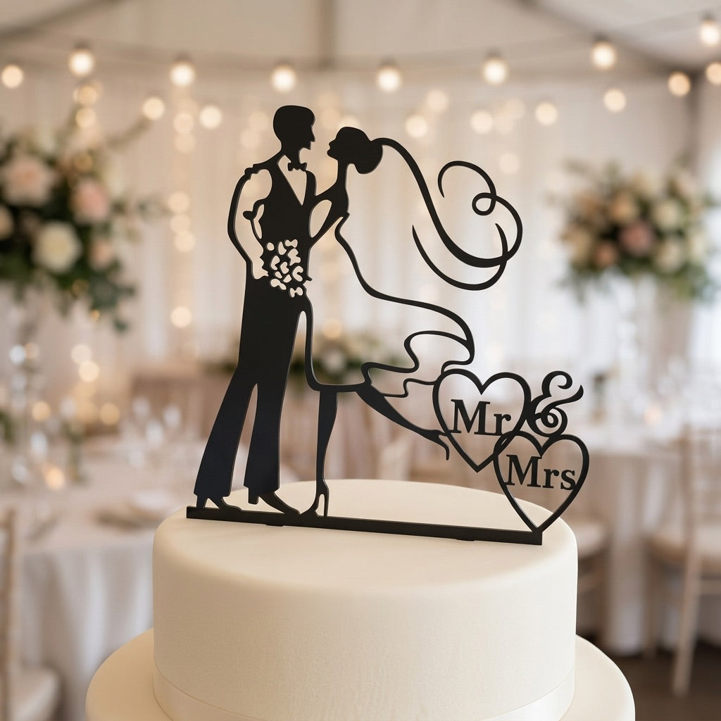 White wedding cake with a black 'Mr. & Mrs.' topper in a festive setting.