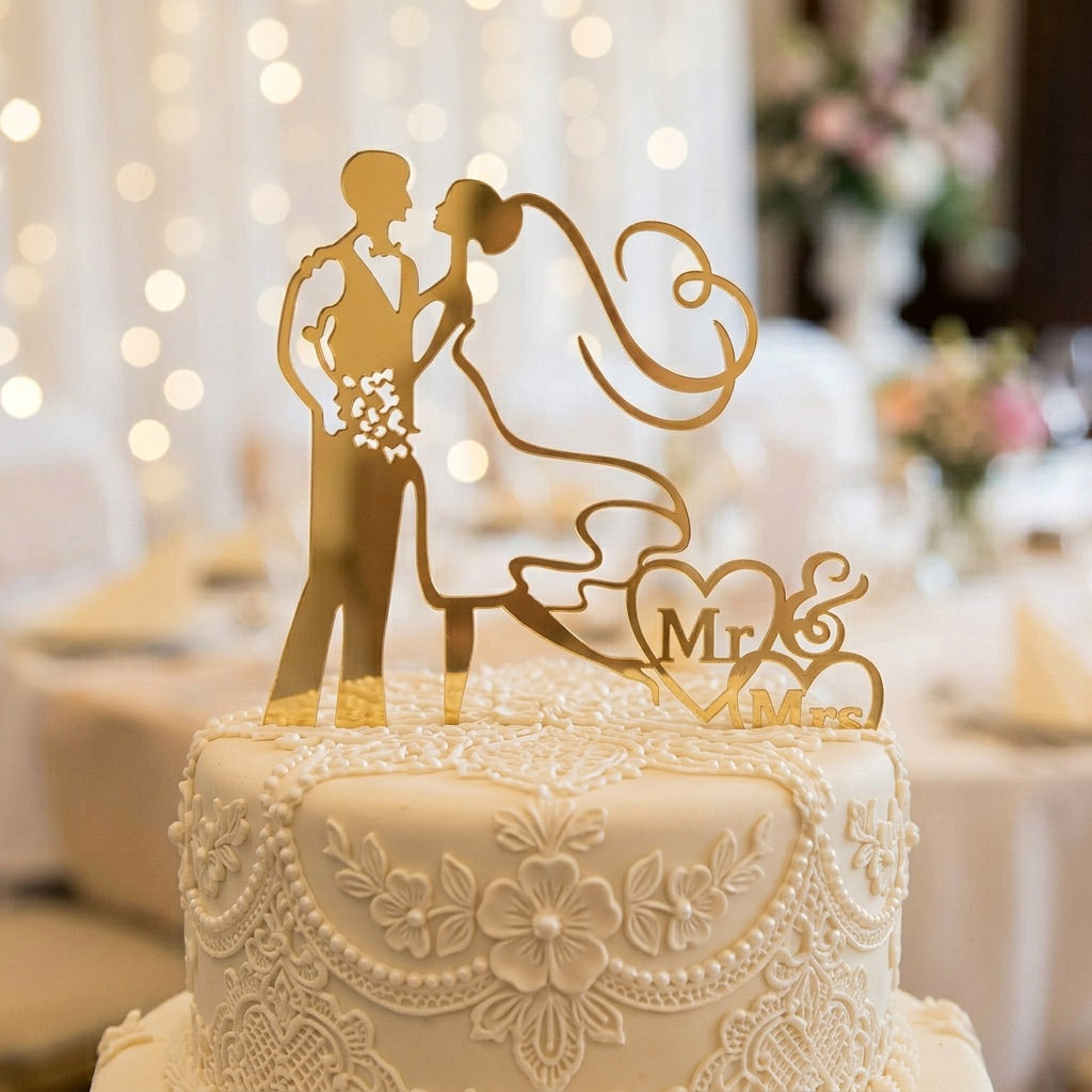 Wedding cake with decorative topper featuring a couple and 'Mr & Mrs' on a blurred background.