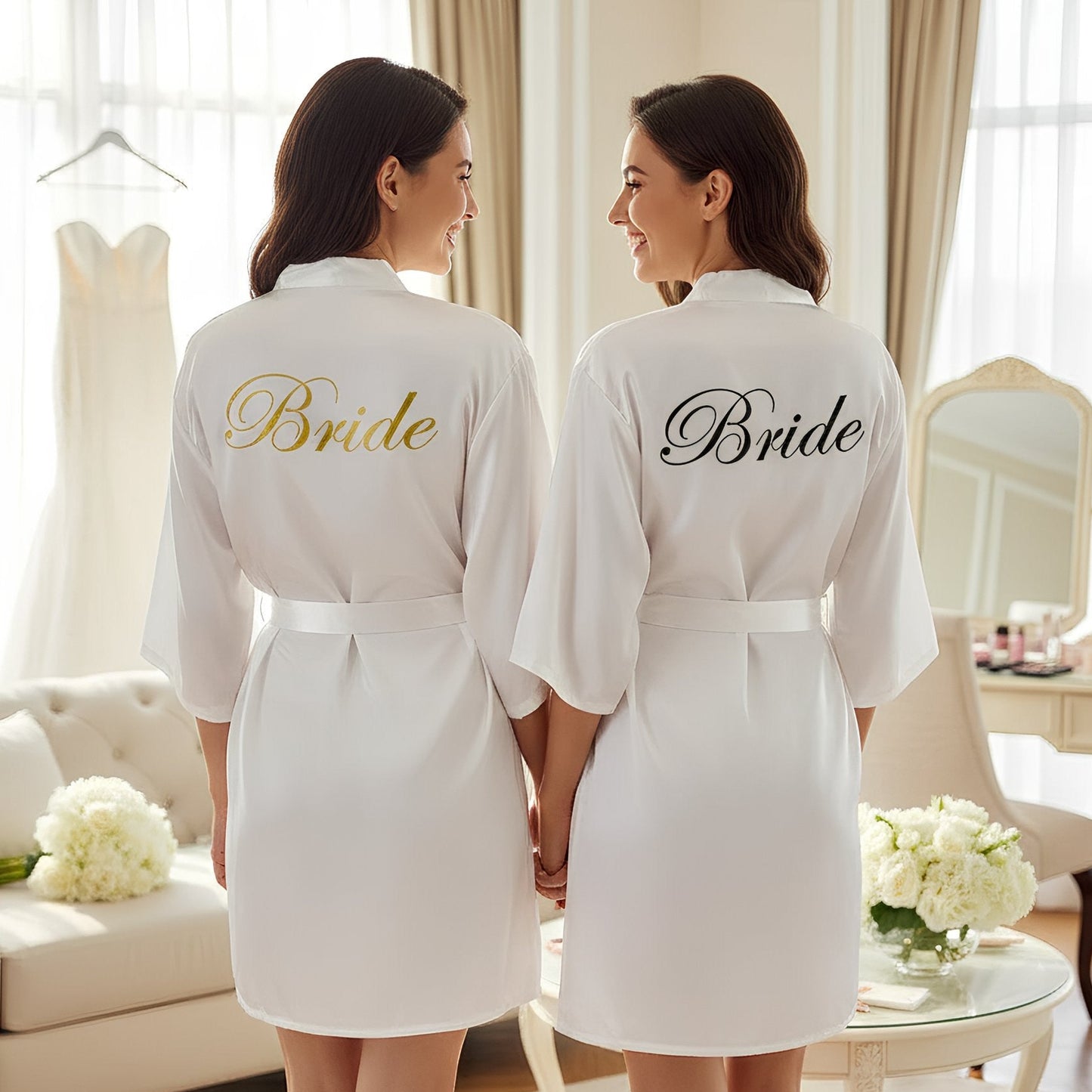 Two women wearing white bridal robes from behind with “Bride” printed in different font styles and colours, wedding morning robe for bride