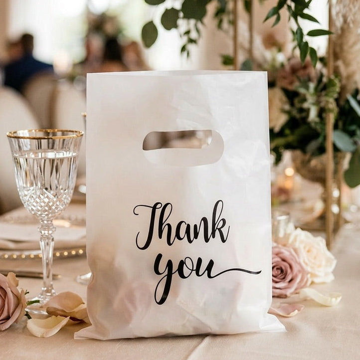 White bag with 'Thank you' text on a table with floral decorations and glasses.