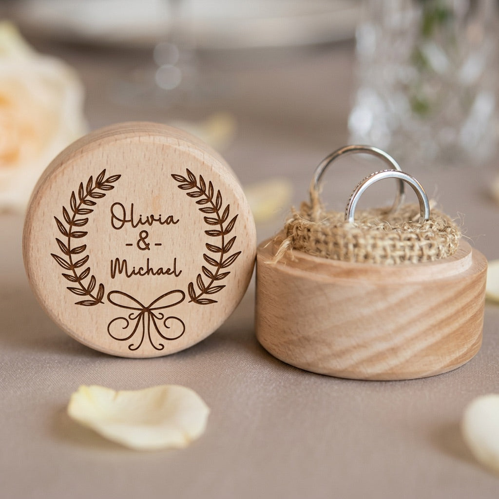 Wooden ring box with engraved names and a ring inside, on a neutral background.