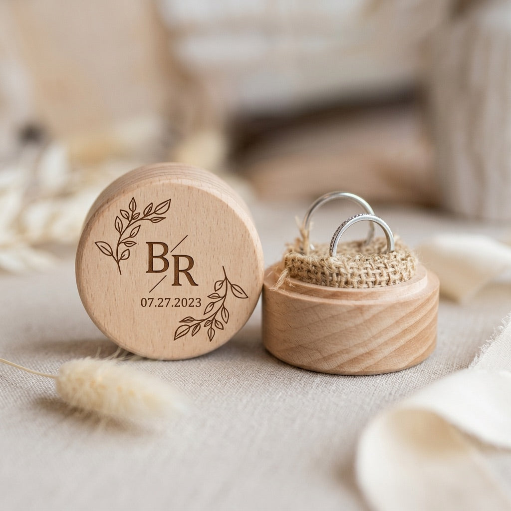 Wooden ring box with engraved initials and date, containing a ring, on a soft fabric background.
