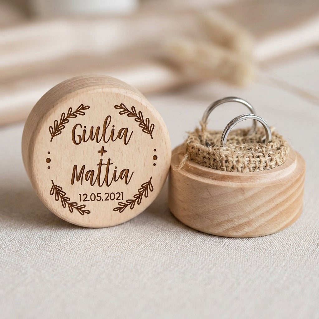 Wooden ring box with engraved names and date, containing a ring, on a neutral background.