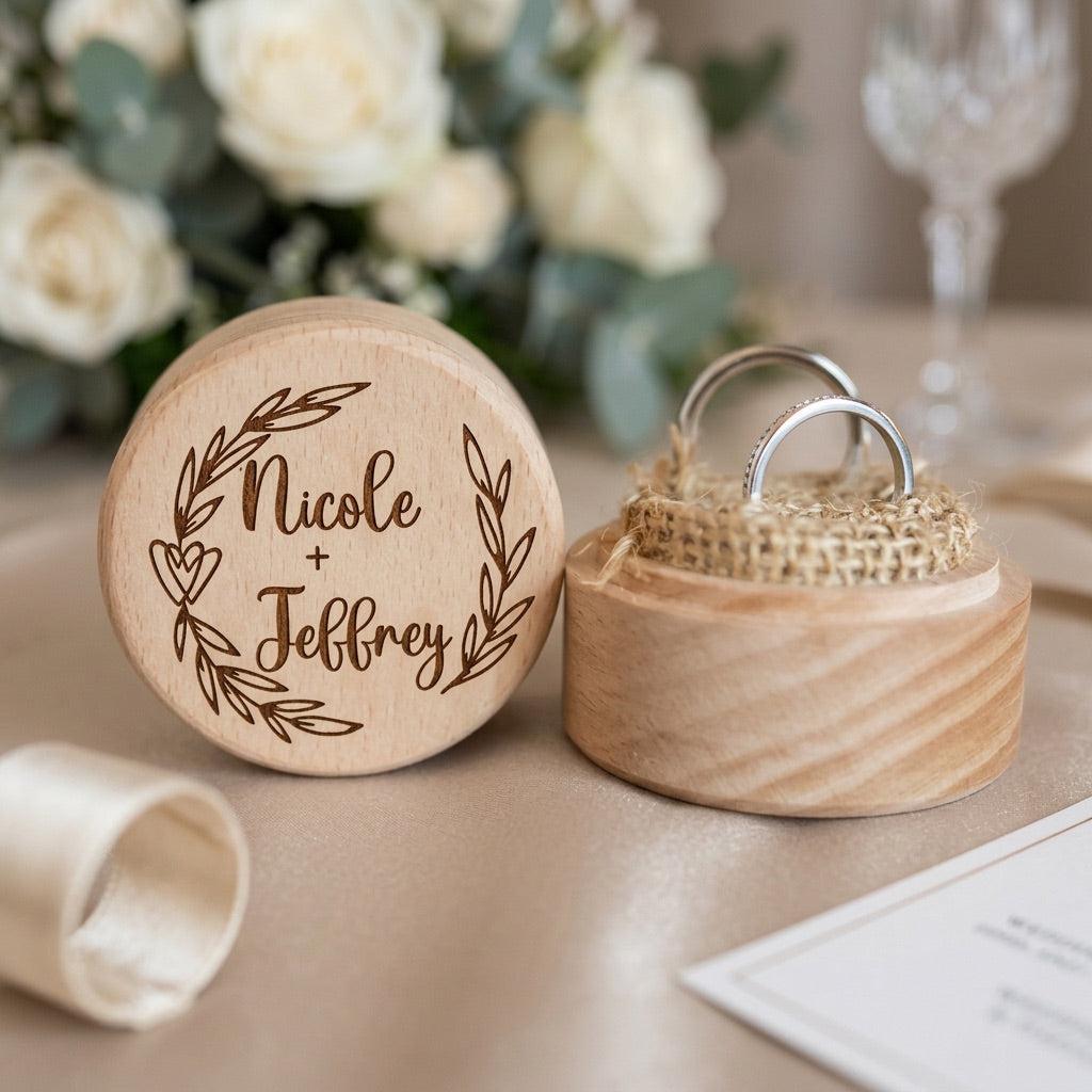 Wooden ring box with engraved names and rings on a table with flowers in the background