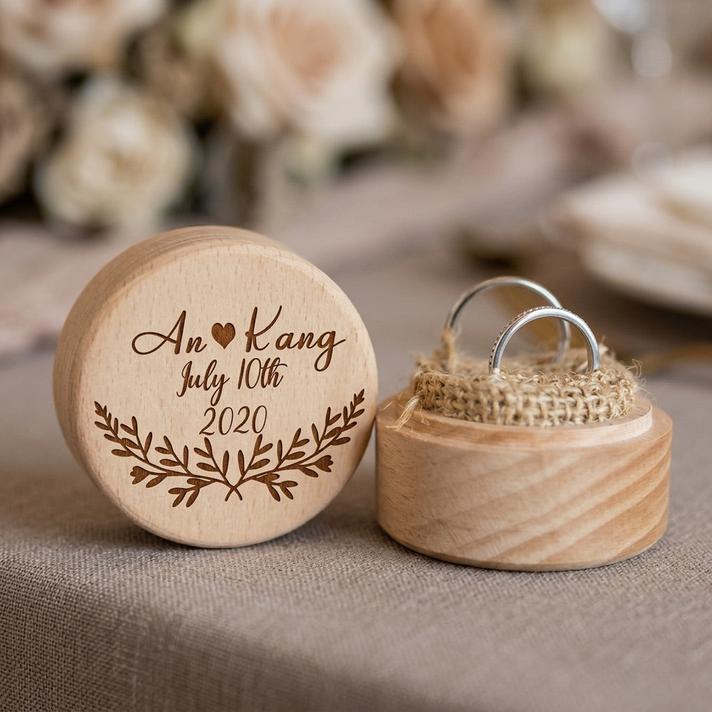 Wooden ring box with engraved text and a ring inside, on a textured surface with blurred flowers in the background.