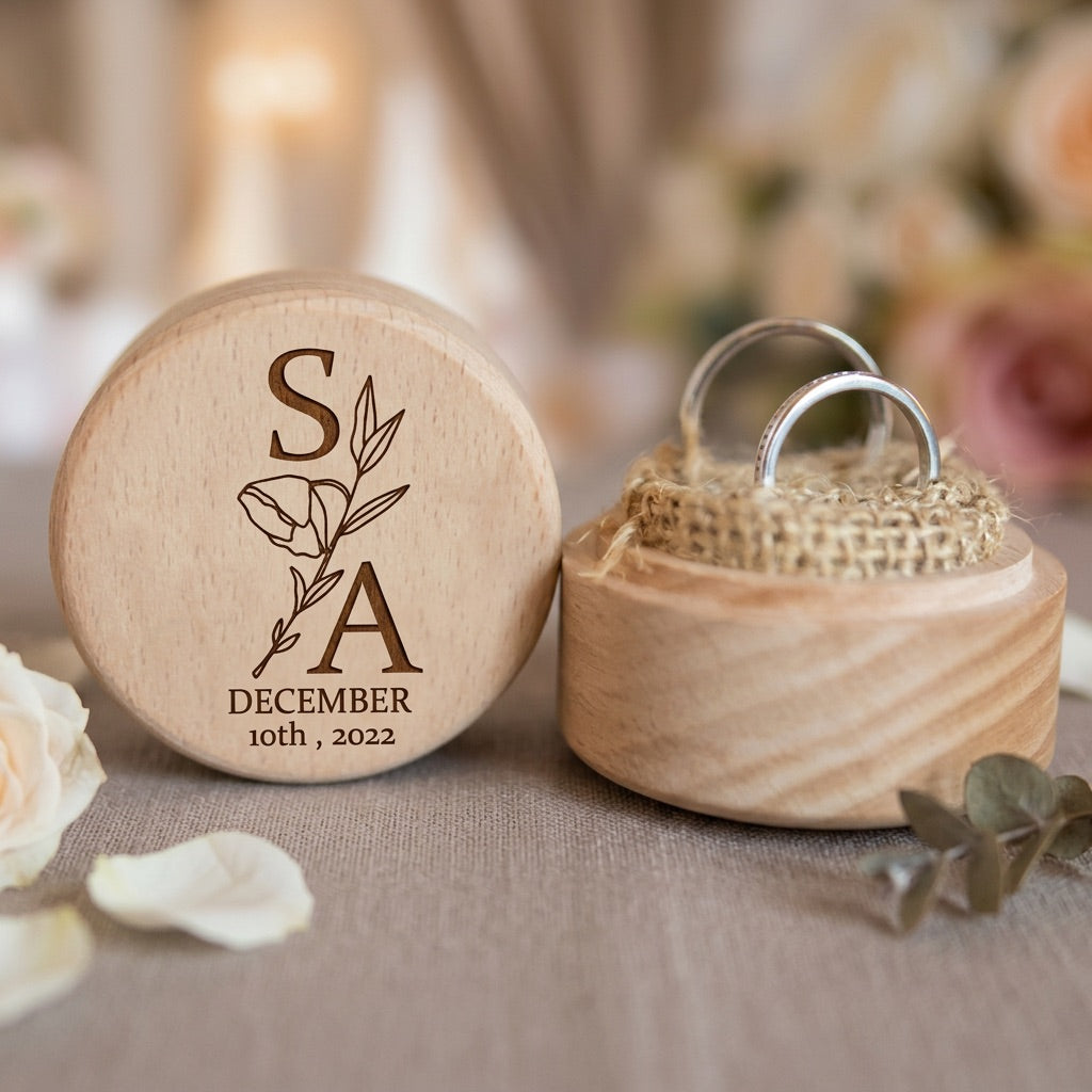 Wooden ring box with engraved initials and date, placed on a table with flowers.