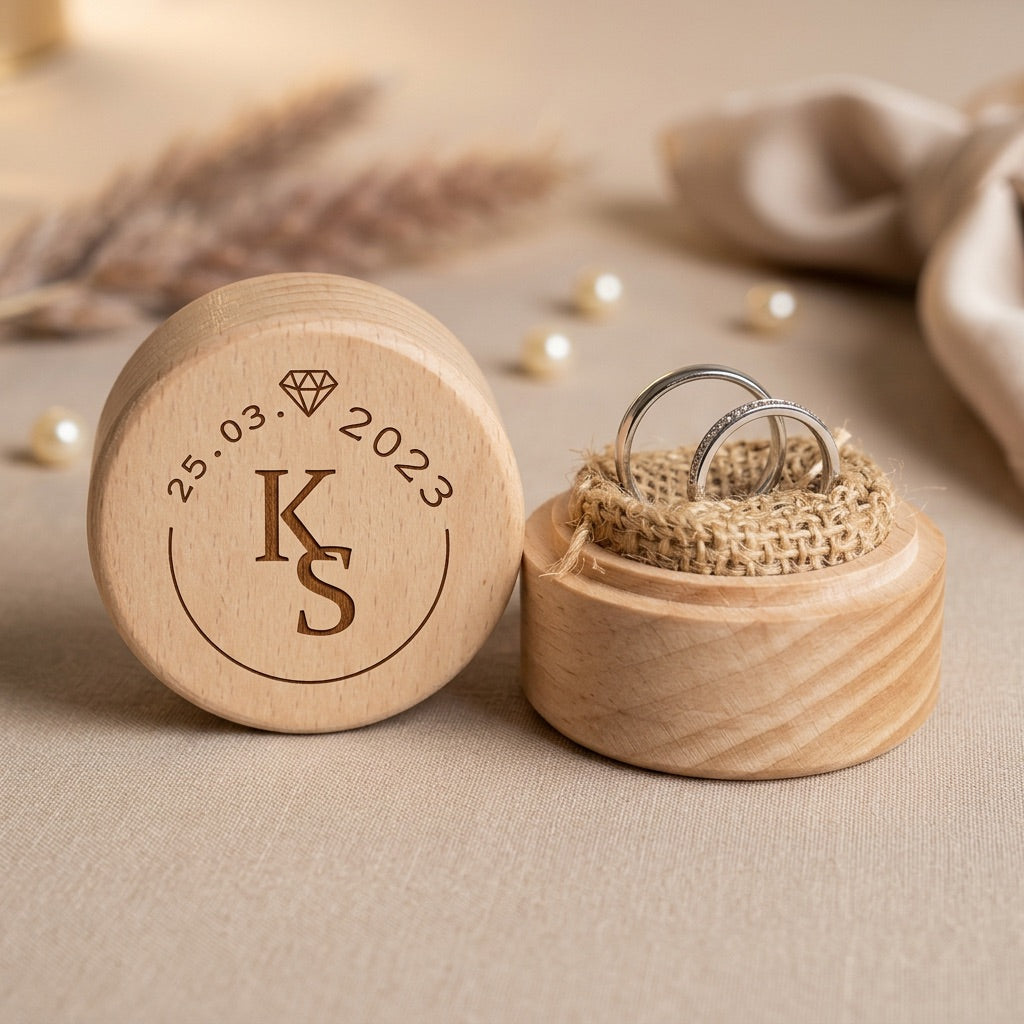 Wooden ring box with engraved initials and date, containing a ring, on a beige fabric background.