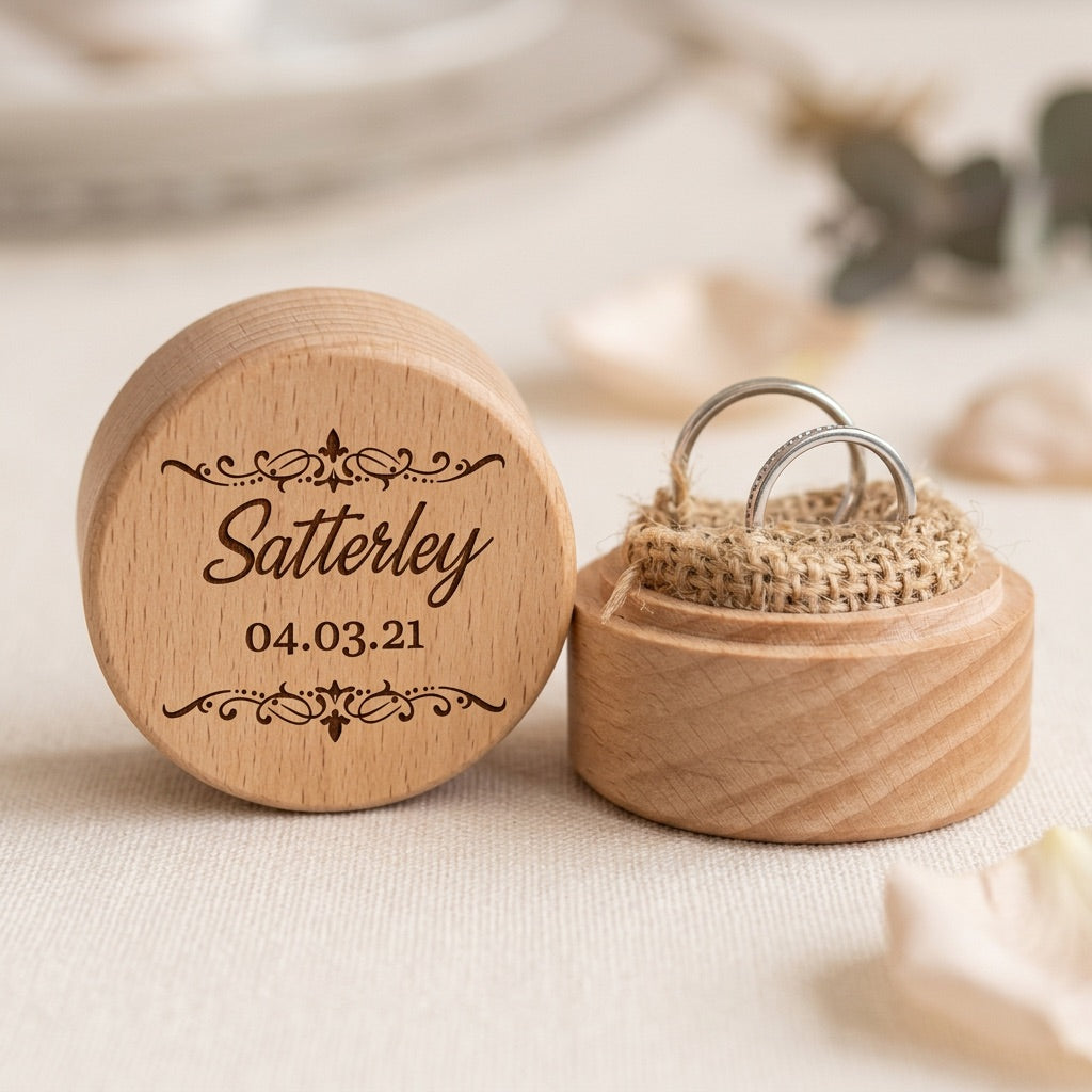 Wooden ring box with 'Satterley' and a date engraved, containing two rings on a light background.