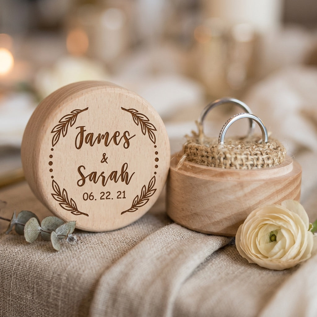 Wooden ring box with engraved names and date, placed on a textured surface with a flower and foliage.