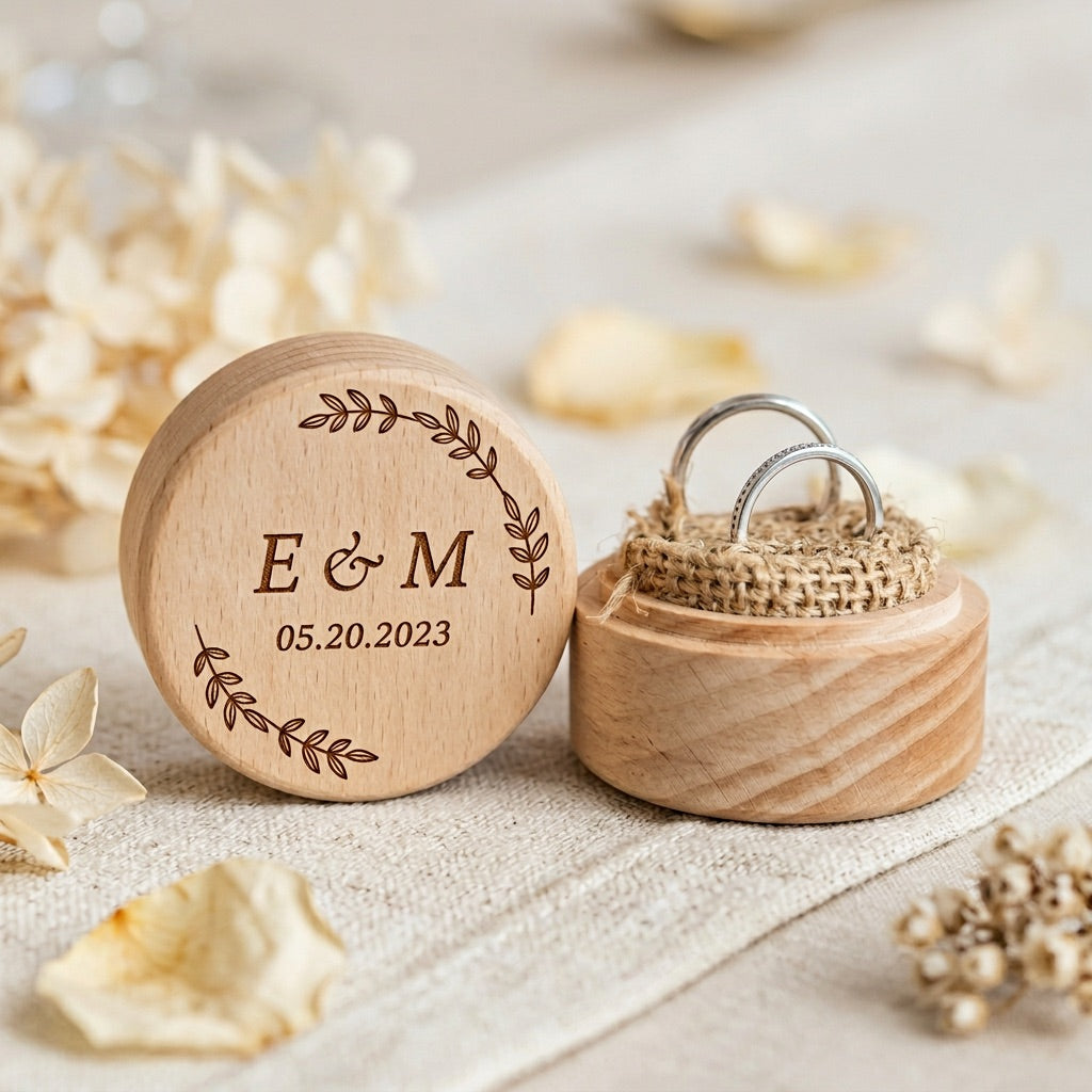 Wooden ring box with engraved initials and date, surrounded by dried flowers on a light background
