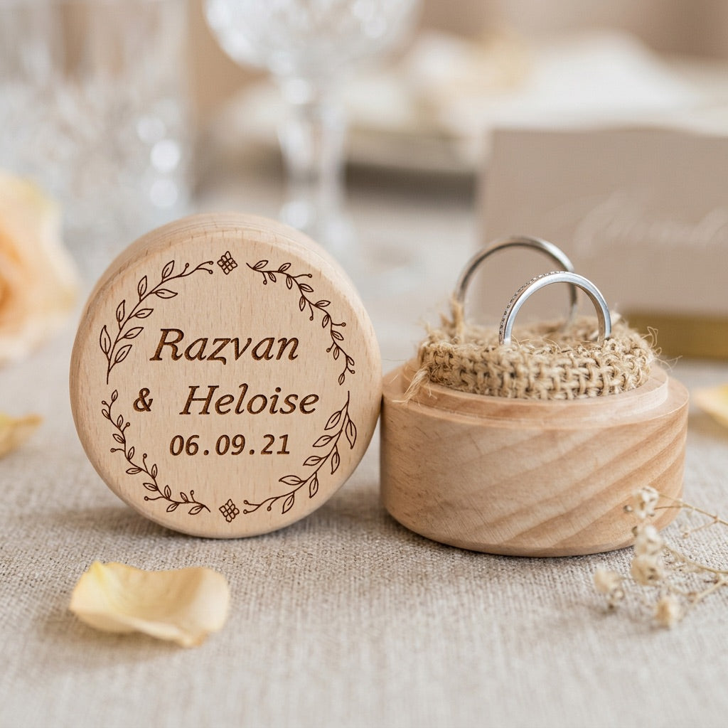 Wooden ring box with engraved names and date, containing a ring, on a textured surface.