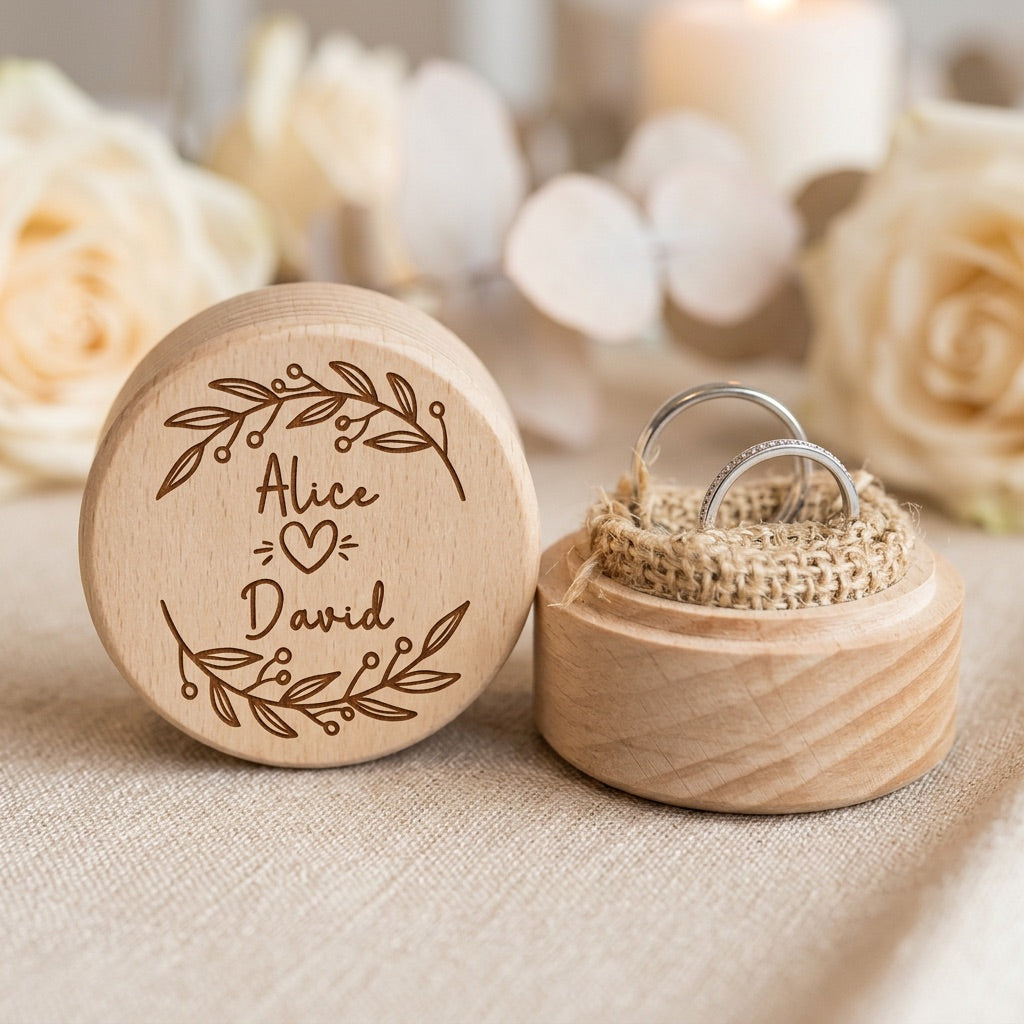 Wooden ring box with engraved names and a ring, surrounded by flowers.