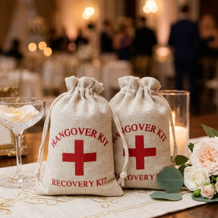 Two hangover recovery kits on a table with floral arrangements and candles in a formal setting.