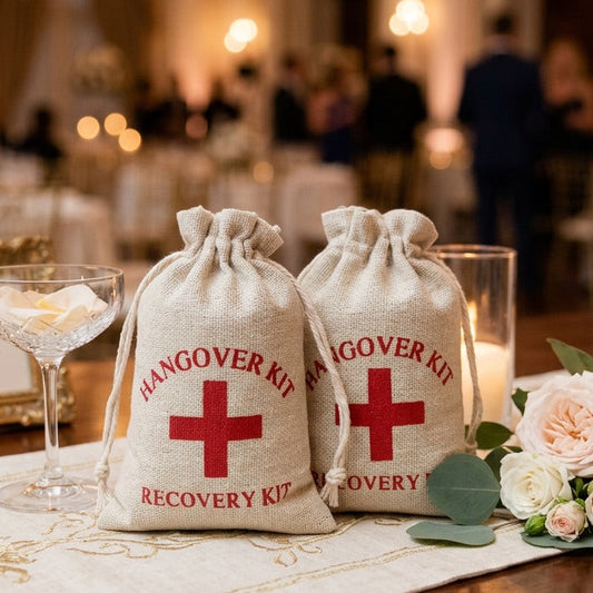 Two hangover recovery kits on a table with floral arrangements and candles in a formal setting.