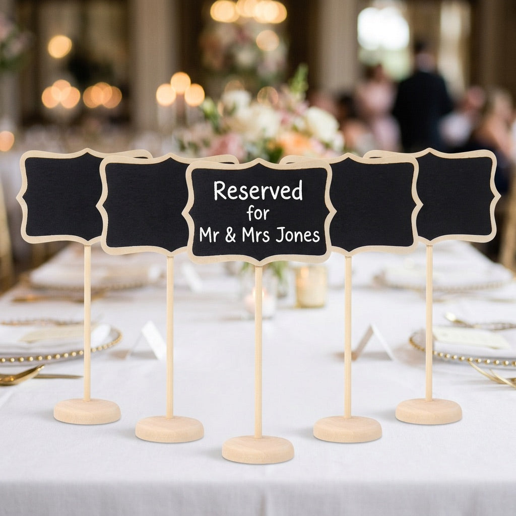 Reserved signs for Mr & Mrs Jones on a table setting with blurred background